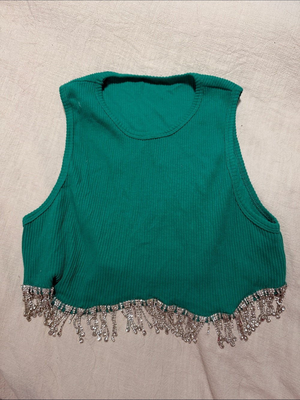 Green Rhinestone Fringe Ribbed Crop Top